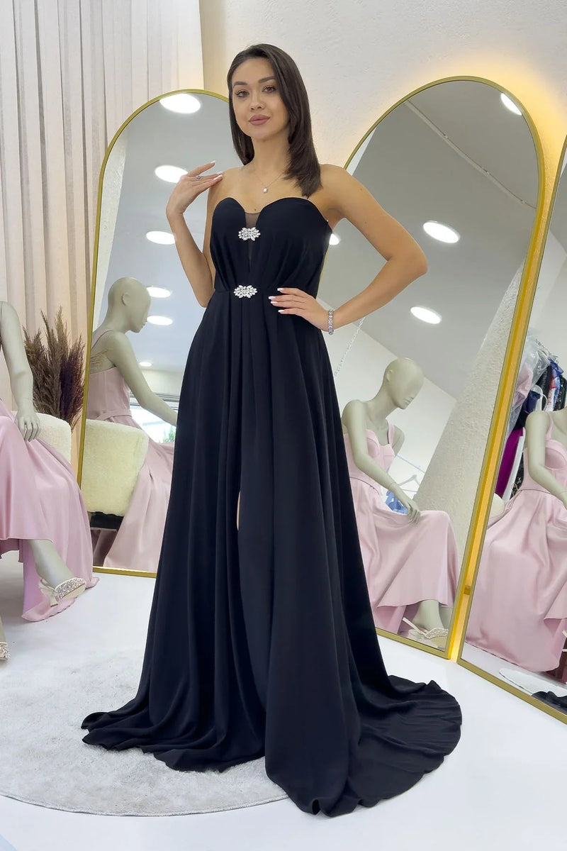 Women's Black Strapless Taş Detail Slit Evening Gown