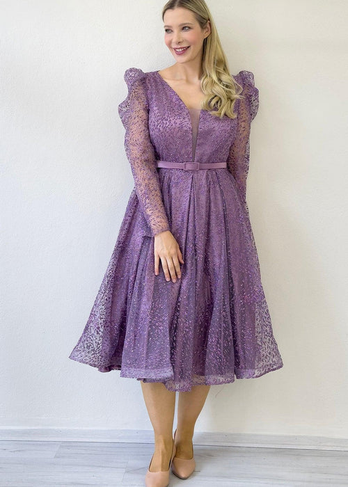 Lilac Midi Glittery Evening Dress