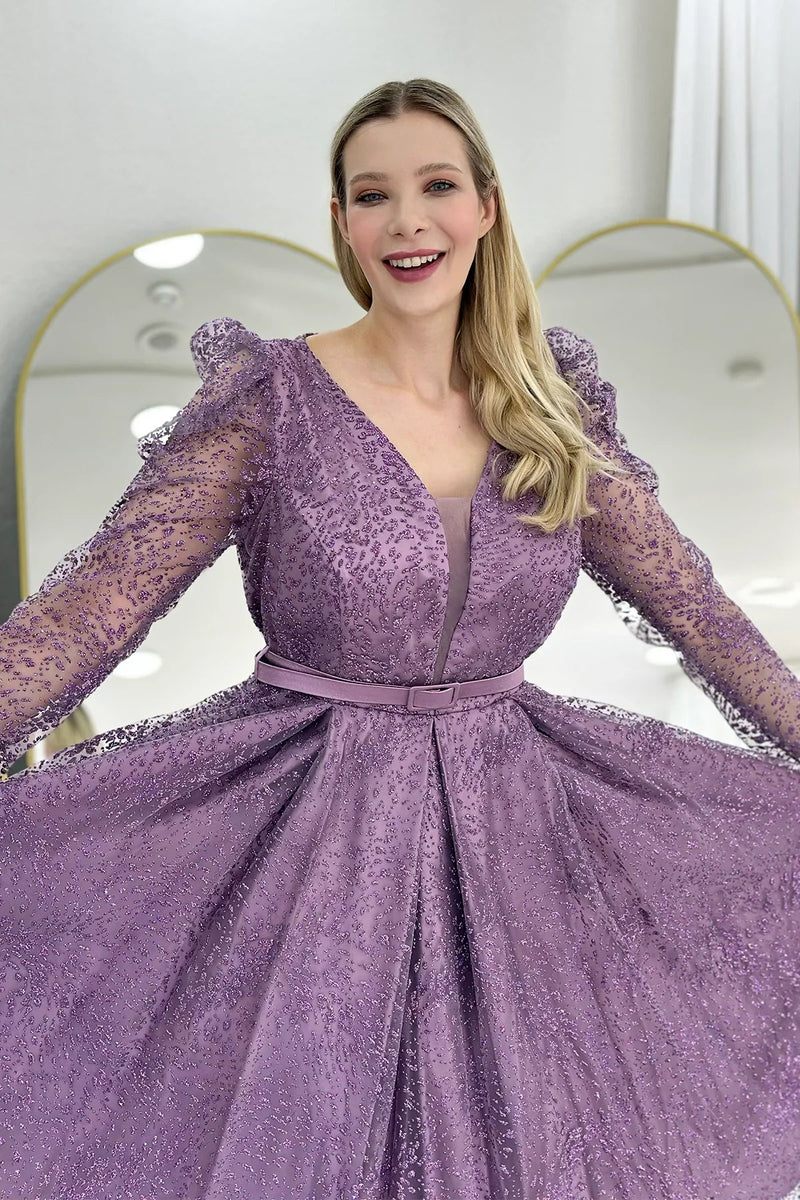 Women's Lilac Gloplu Flared Belted Plus Size Evening Gown