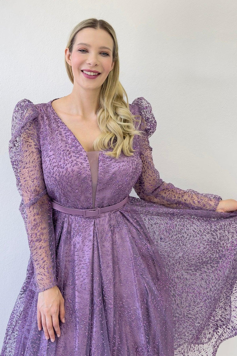 Women's Lilac Gloplu Flared Belted Plus Size Evening Gown