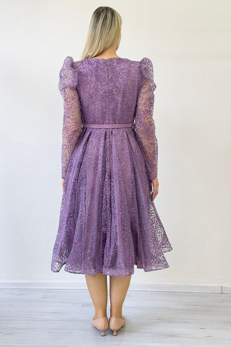 Women's Lilac Gloplu Flared Belted Plus Size Evening Gown