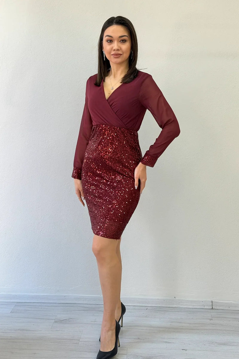 Women's Burgundy Wrap Neck Sequin Evening Gown