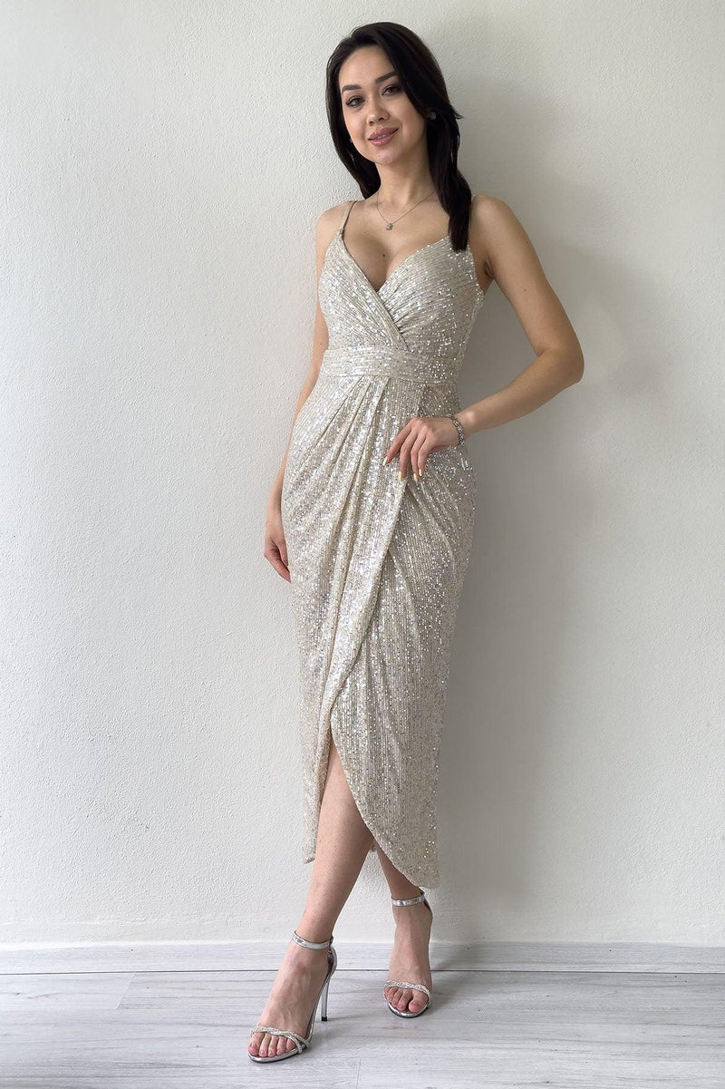 Women's Beige Strap Sequin Wrap Slit Evening Gown