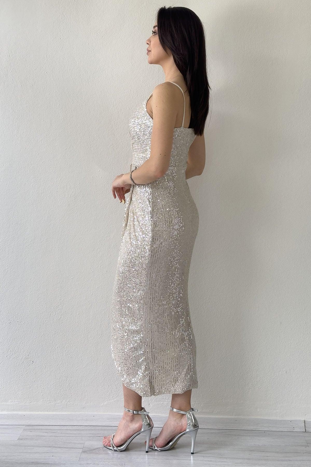 Women's Beige Strap Sequin Wrap Slit Evening Gown