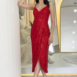 Red Thin-Strapped Sequined Evening Dress