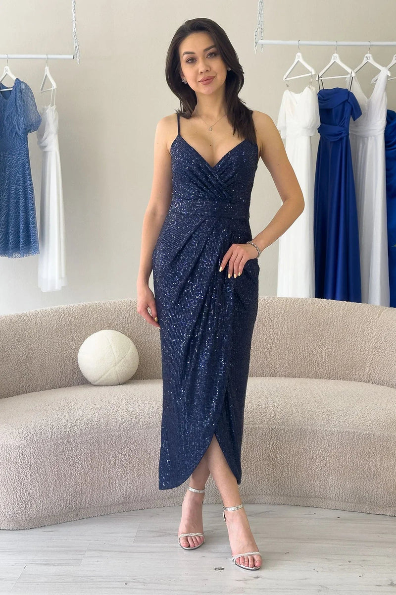 Women's Navy Blue Strap Sequin Wrap Slit Evening Gown