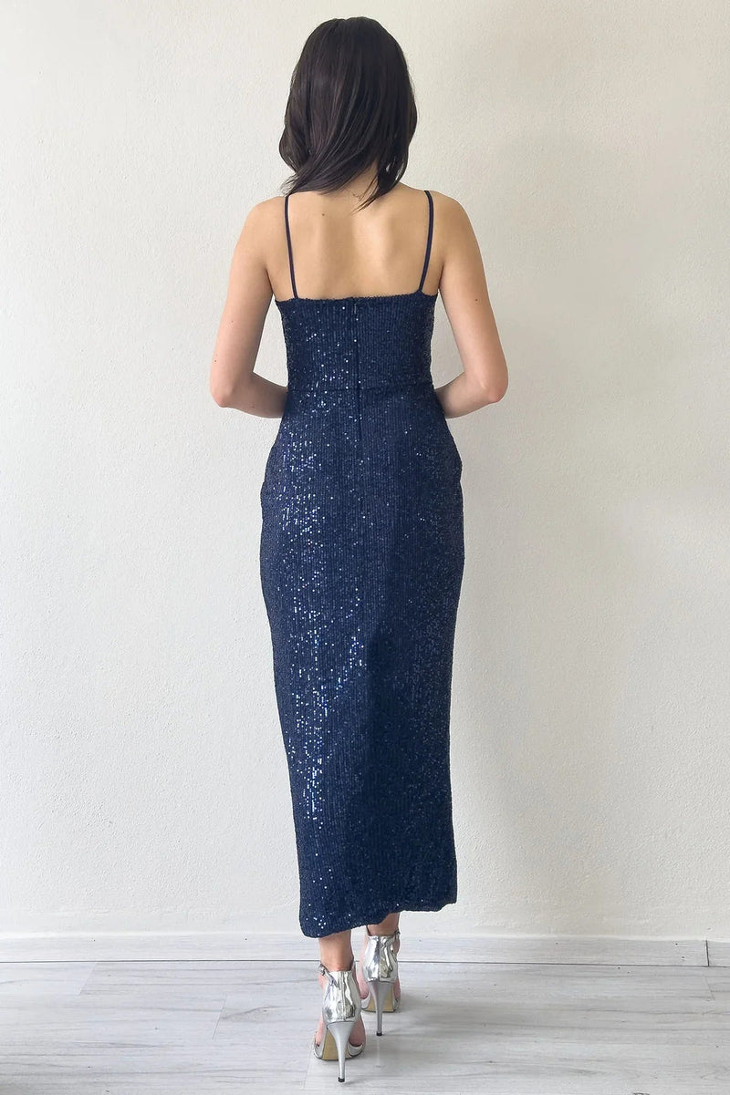 Women's Navy Blue Strap Sequin Wrap Slit Evening Gown