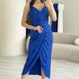 Saxe Blue Thin-Strapped Sequined Evening Dress