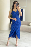 Saxe Blue Thin-Strapped Sequined Evening Dress