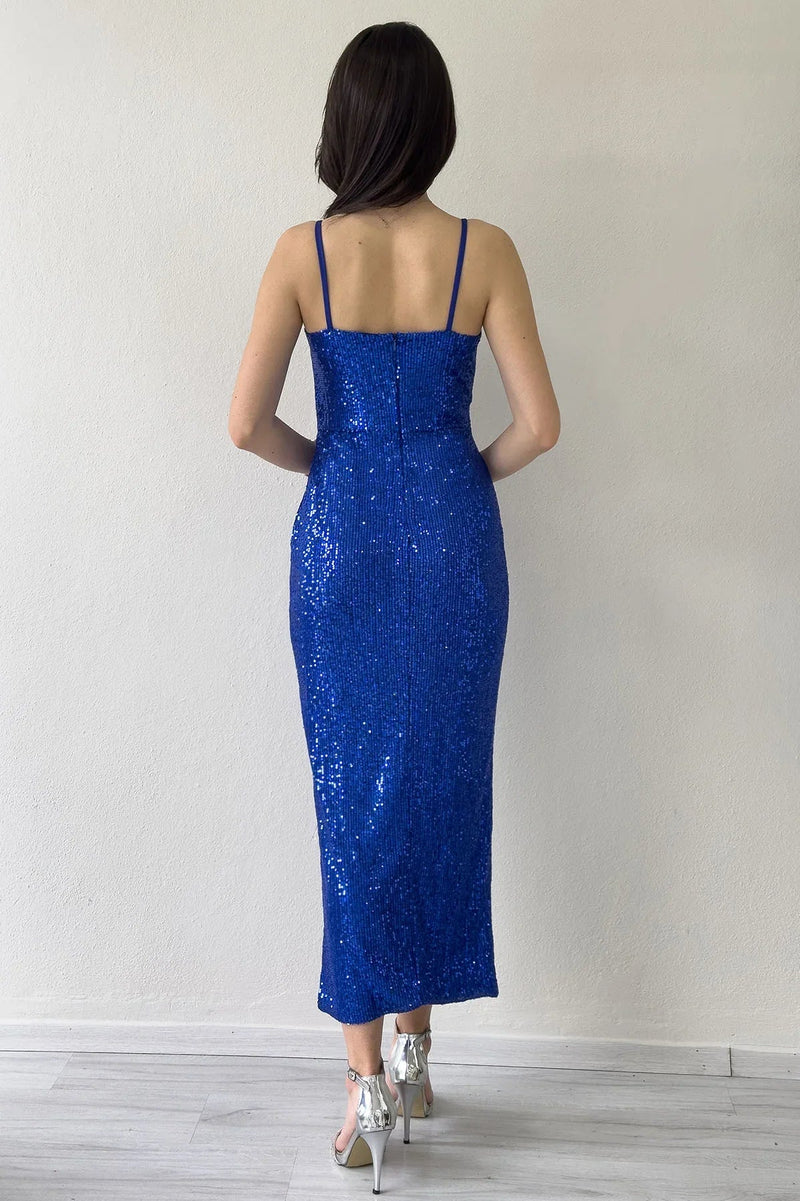 Women's Saxe Strap Sequin Wrap Slit Evening Gown