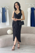 Black Thin-Strapped Sequined Evening Dress