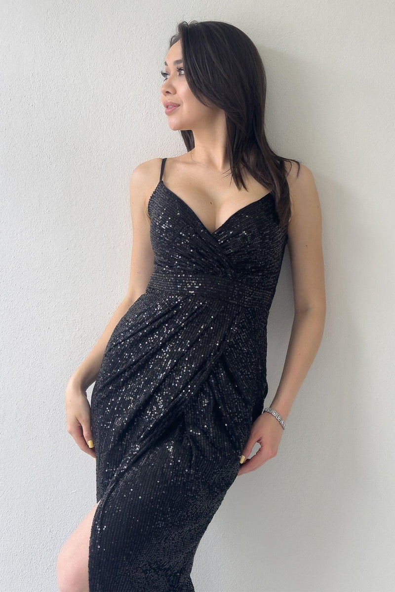 Women's Black Strap Sequin Wrap Slit Evening Gown