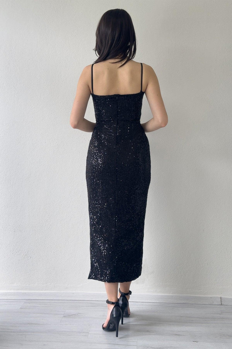 Women's Black Strap Sequin Wrap Slit Evening Gown