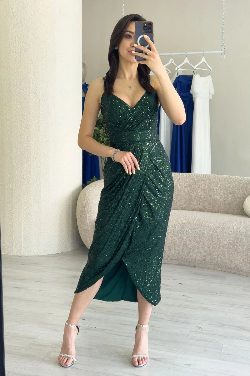 Women's Emerald Green Strap Sequin Wrap Slit Evening Gown