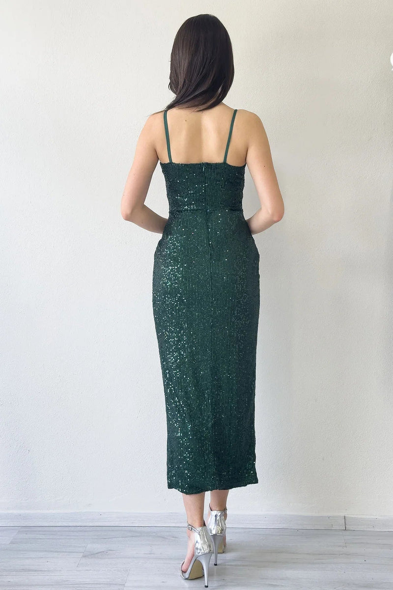 Women's Emerald Green Strap Sequin Wrap Slit Evening Gown