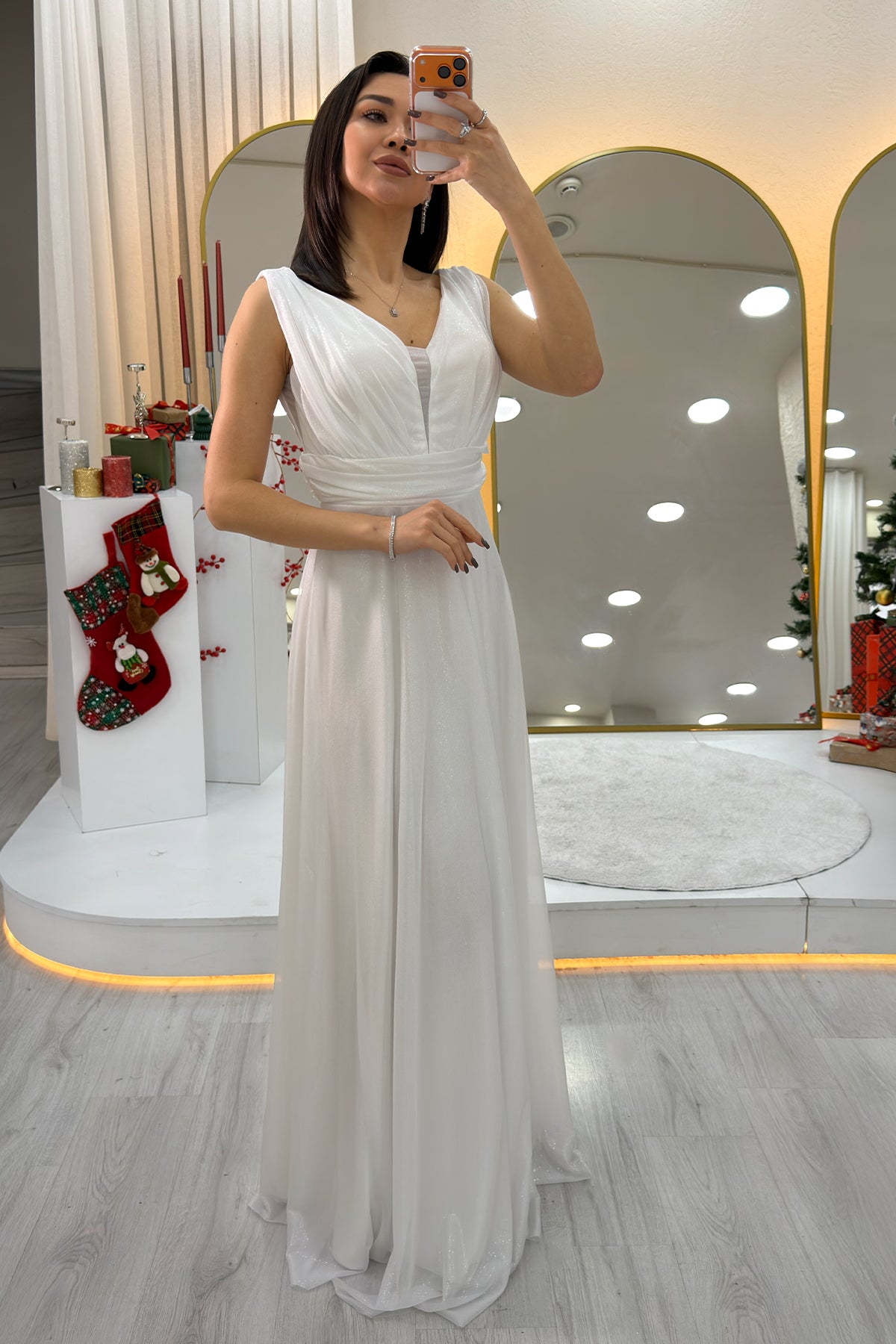 White Glittery Tulle Maxi Evening Dress