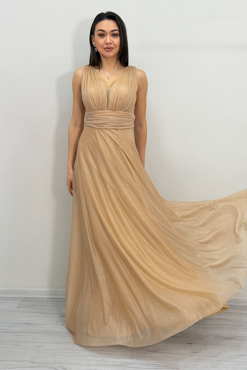 Gold Glittery Tulle Maxi Evening Dress