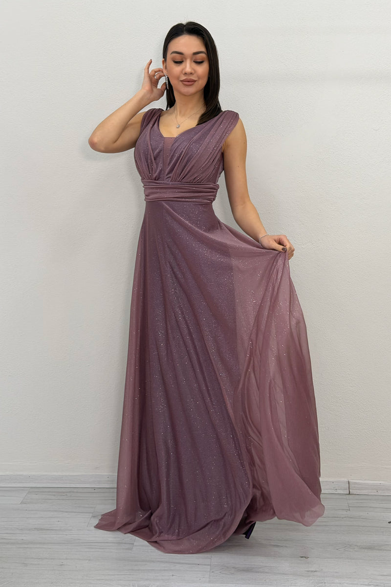 Purple Glittery Tulle Maxi Evening Dress