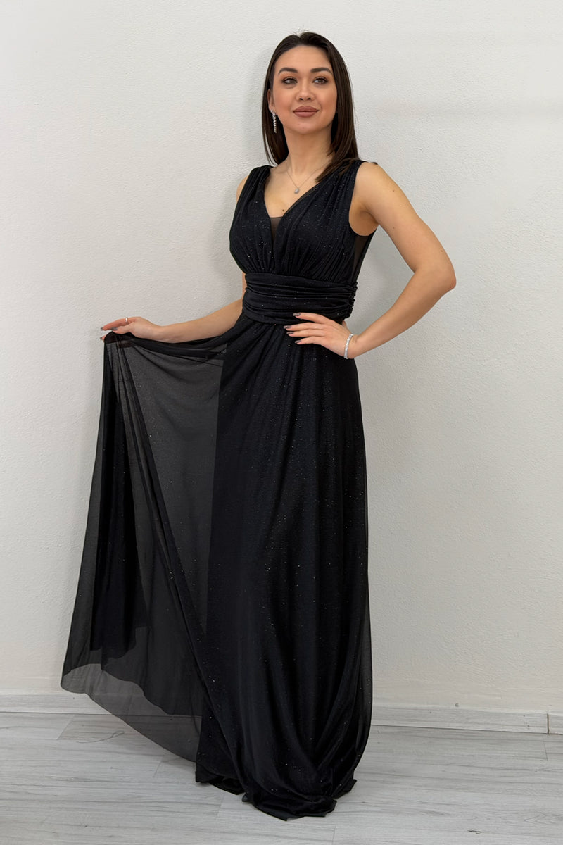 Black Glittery Tulle Maxi Evening Dress