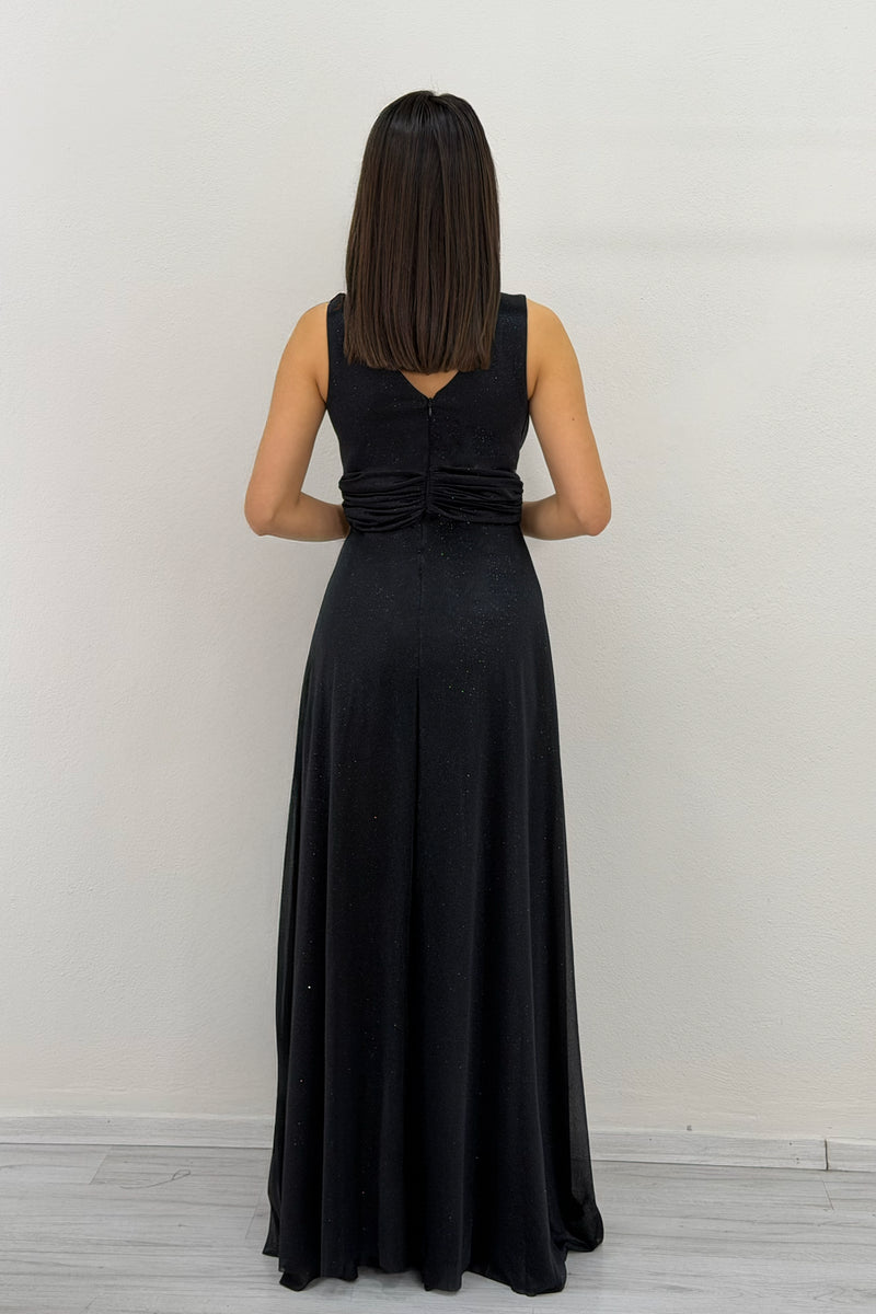 Black Glittery Tulle Maxi Evening Dress