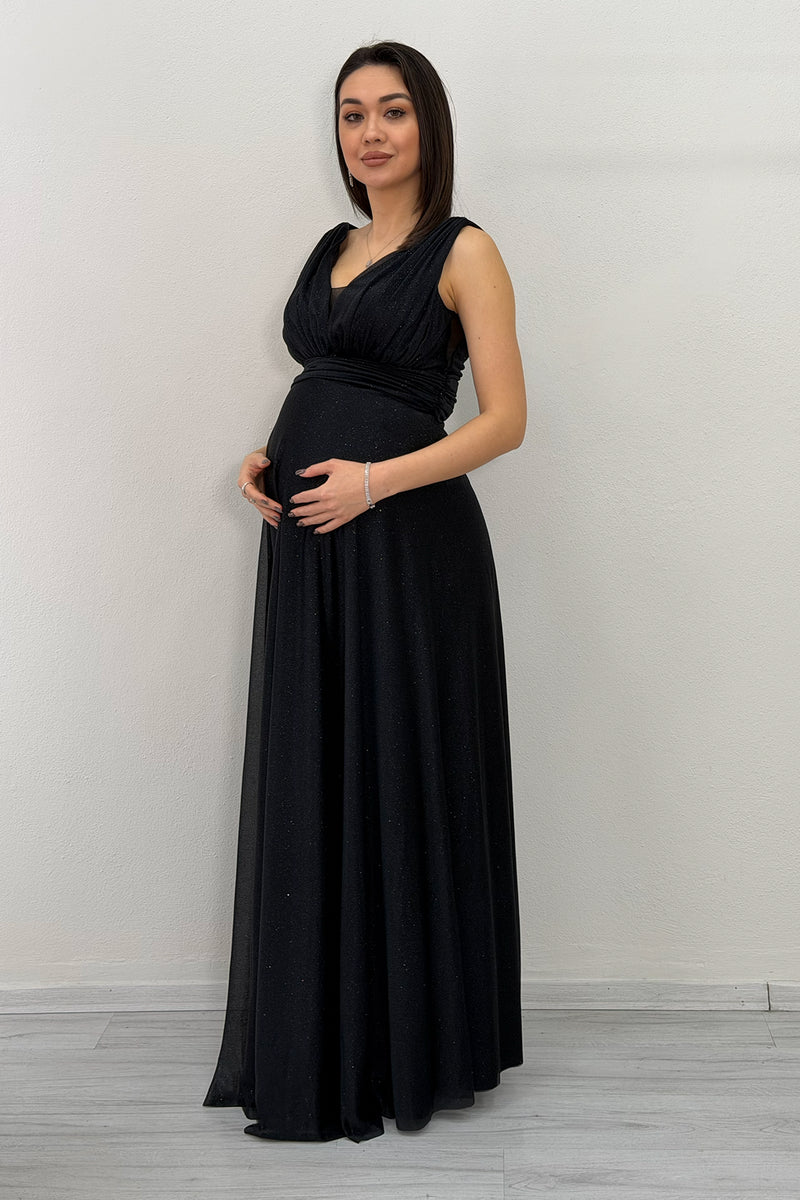 Black Glittery Tulle Maxi Evening Dress