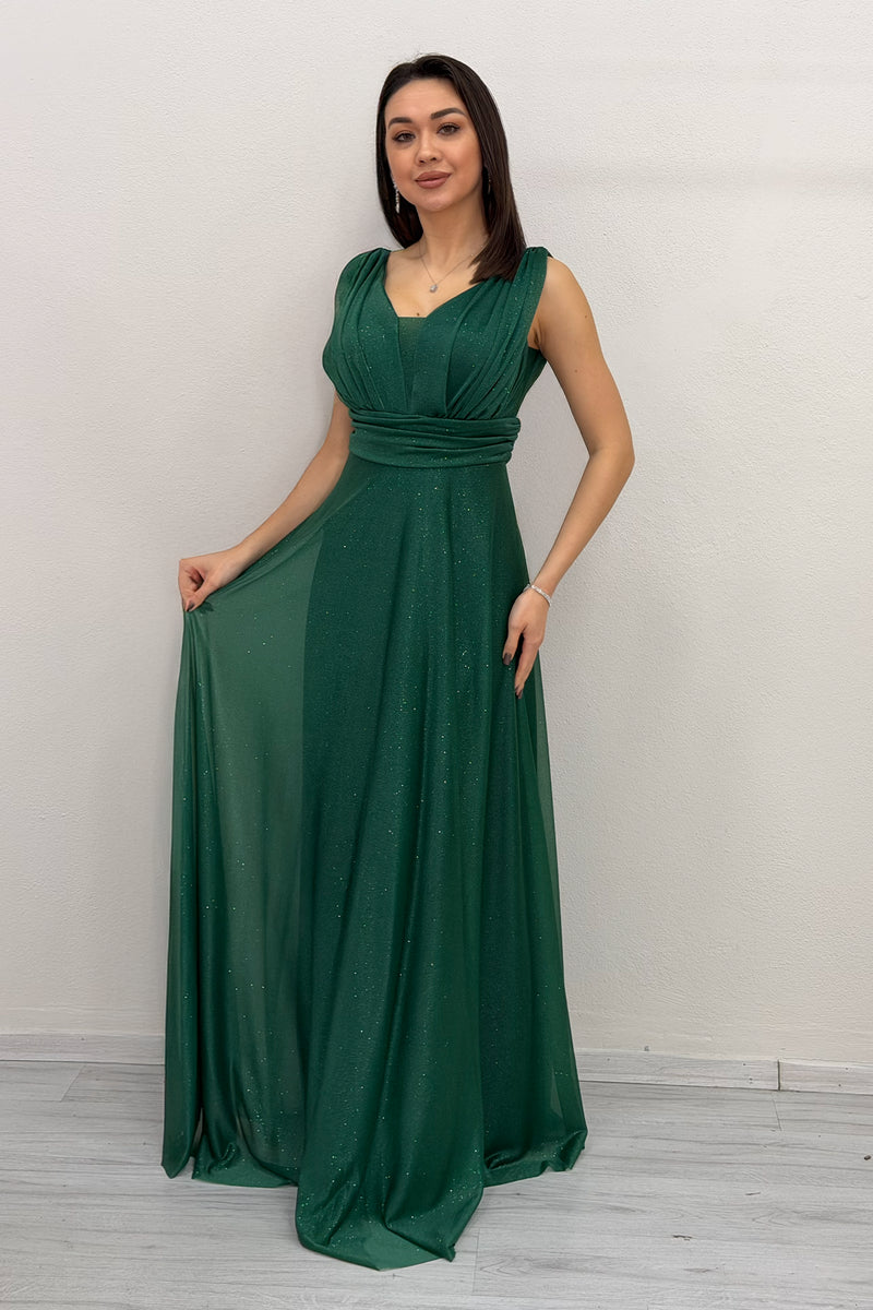 Emerald Green Glittery Tulle Maxi Evening Dress