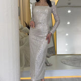 Beige Square Neck Sequin Evening Dress