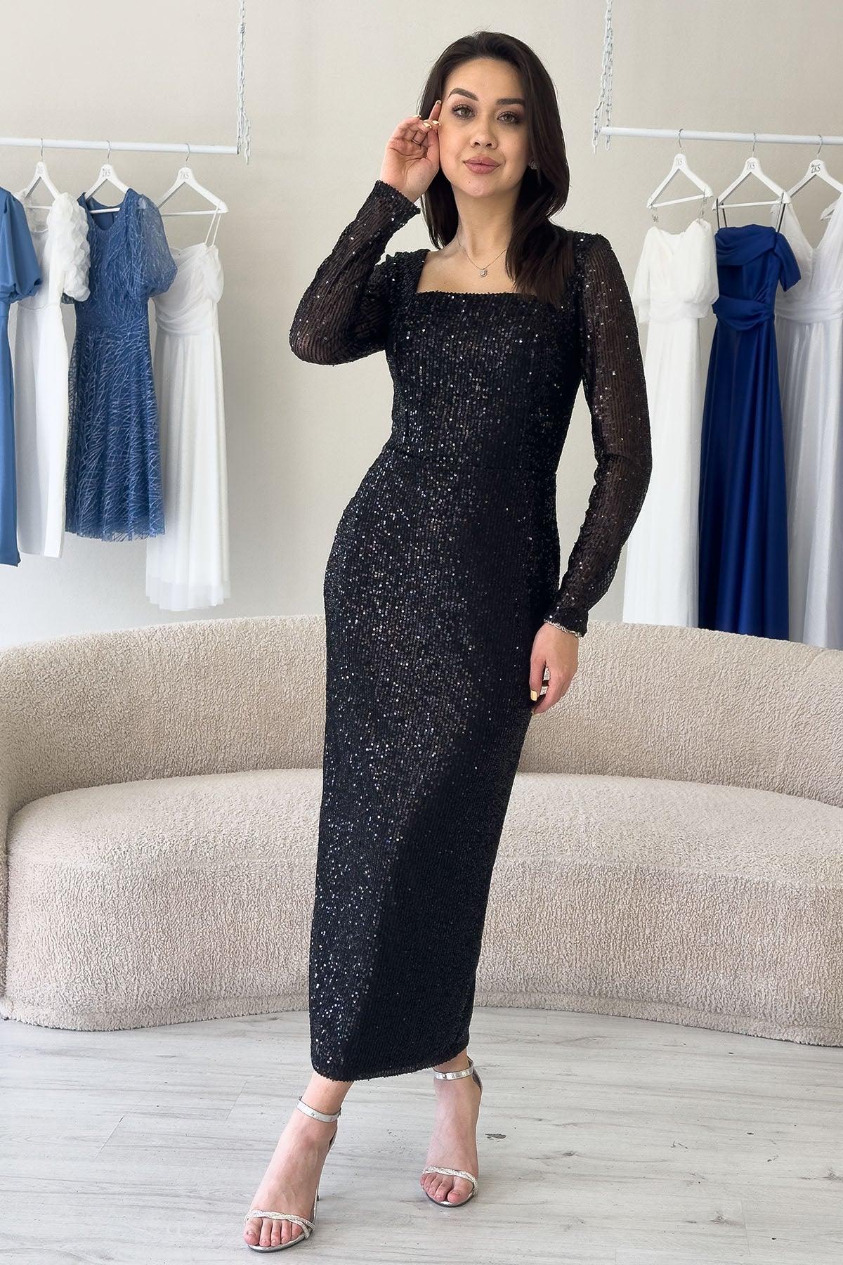 Women's Black Square Neck Sequin Evening Gown