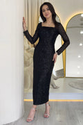Black Square Neck Sequin Evening Dress