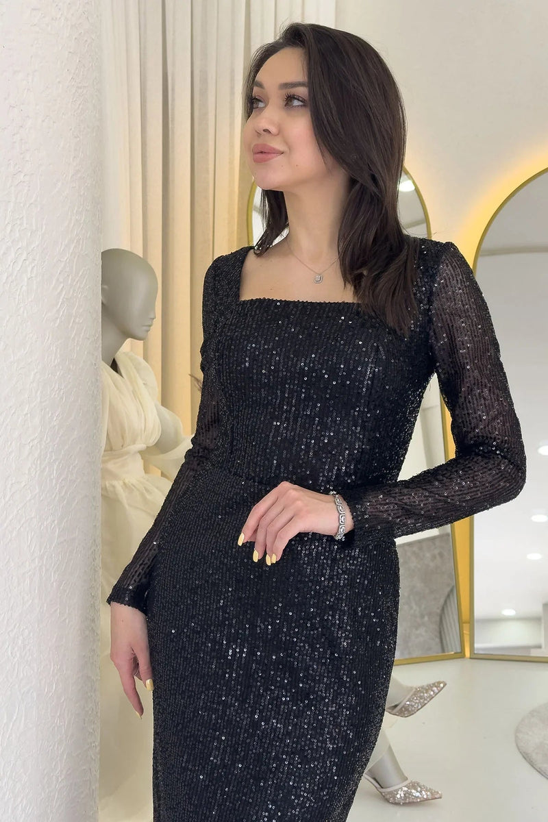 Women's Black Square Neck Sequin Evening Gown