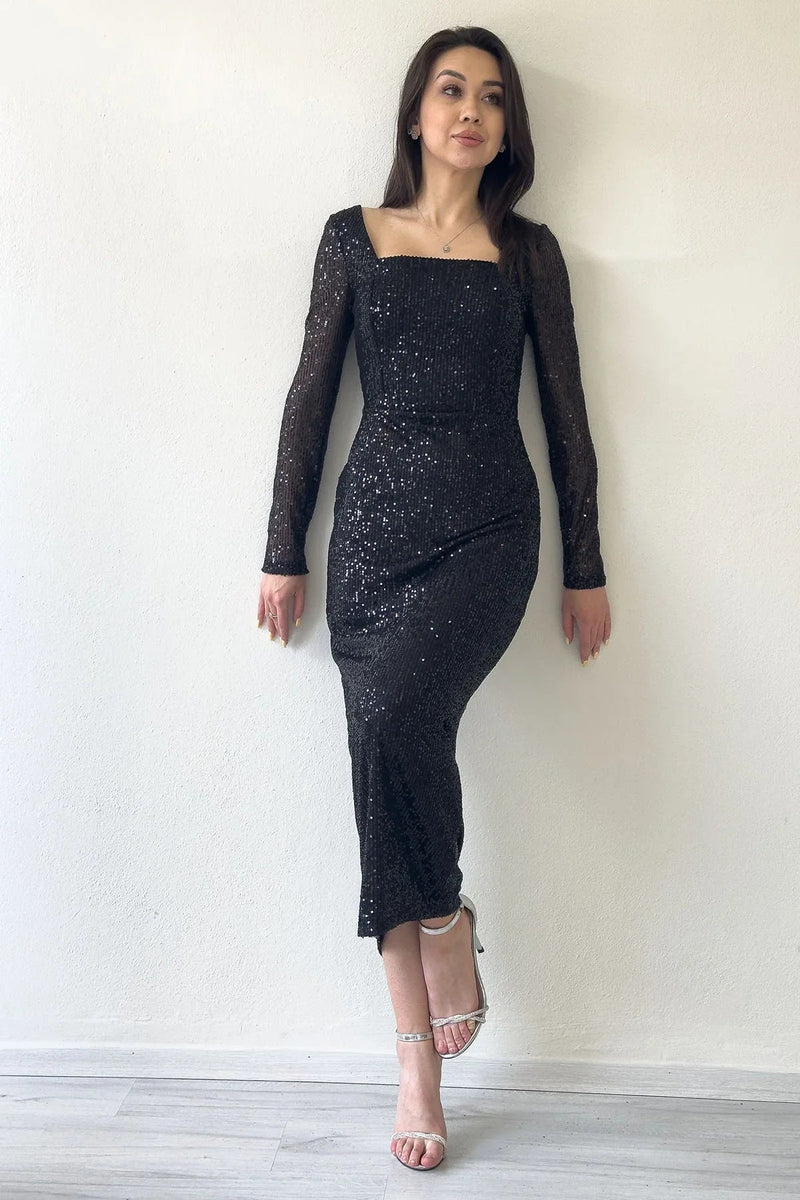 Women's Black Square Neck Sequin Evening Gown