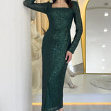 Emerald Green Square Neck Sequin Evening Dress