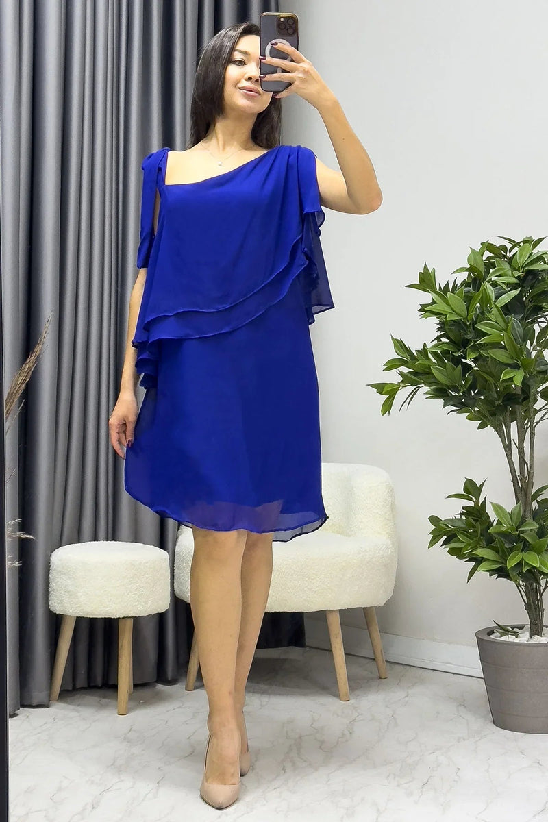 Women's Saxe Bluesi Tek Omuz Tie Chiffon Plus Size Dress