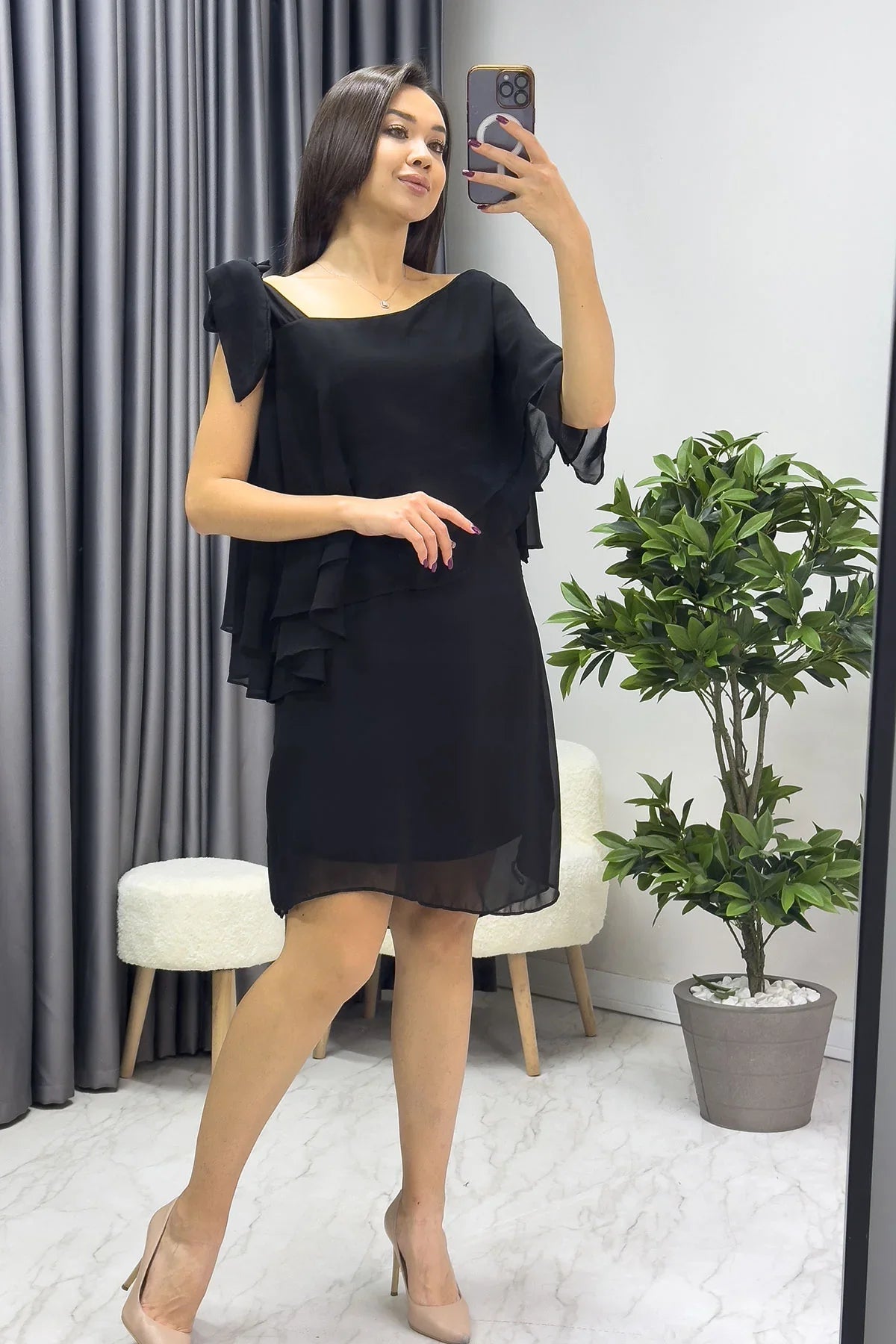 Women's Black Tek Omuz Tie Chiffon Plus Size Dress