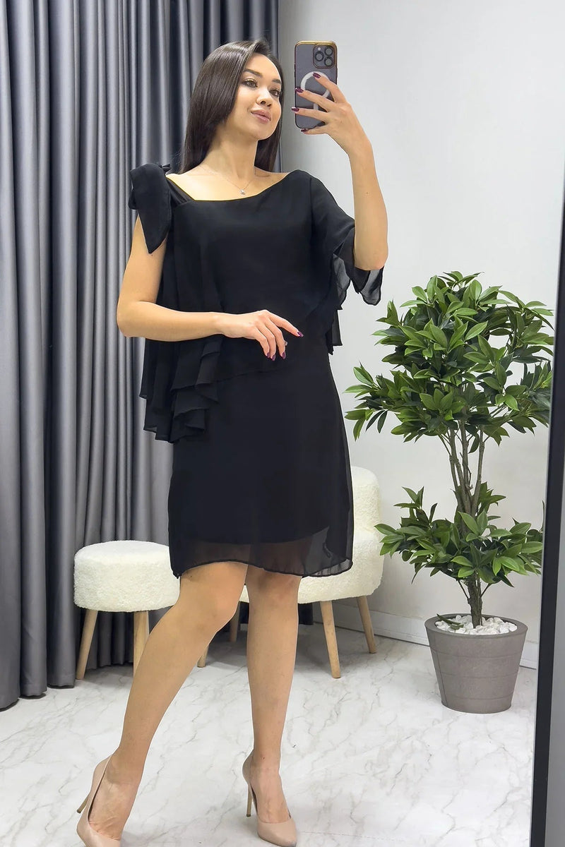 Women's Black Tek Omuz Tie Chiffon Plus Size Dress