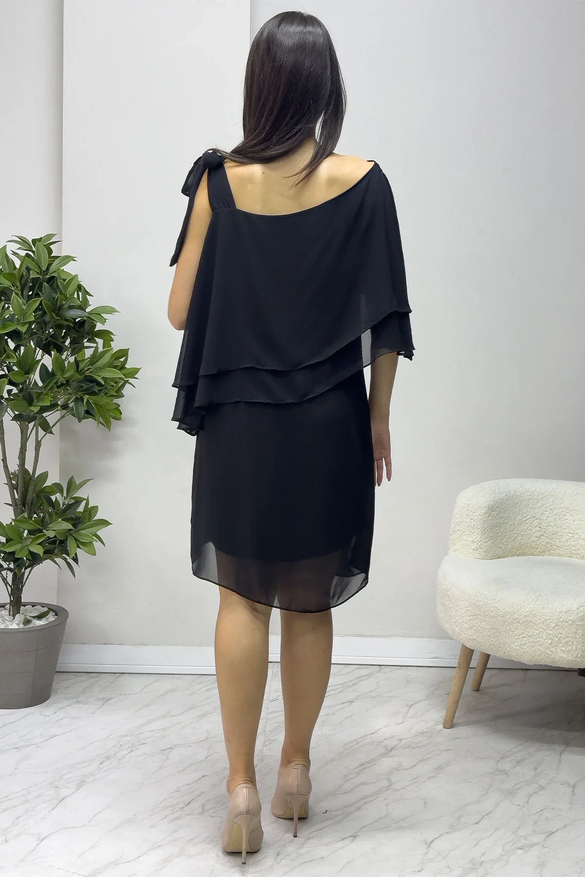 Women's Black Tek Omuz Tie Chiffon Plus Size Dress