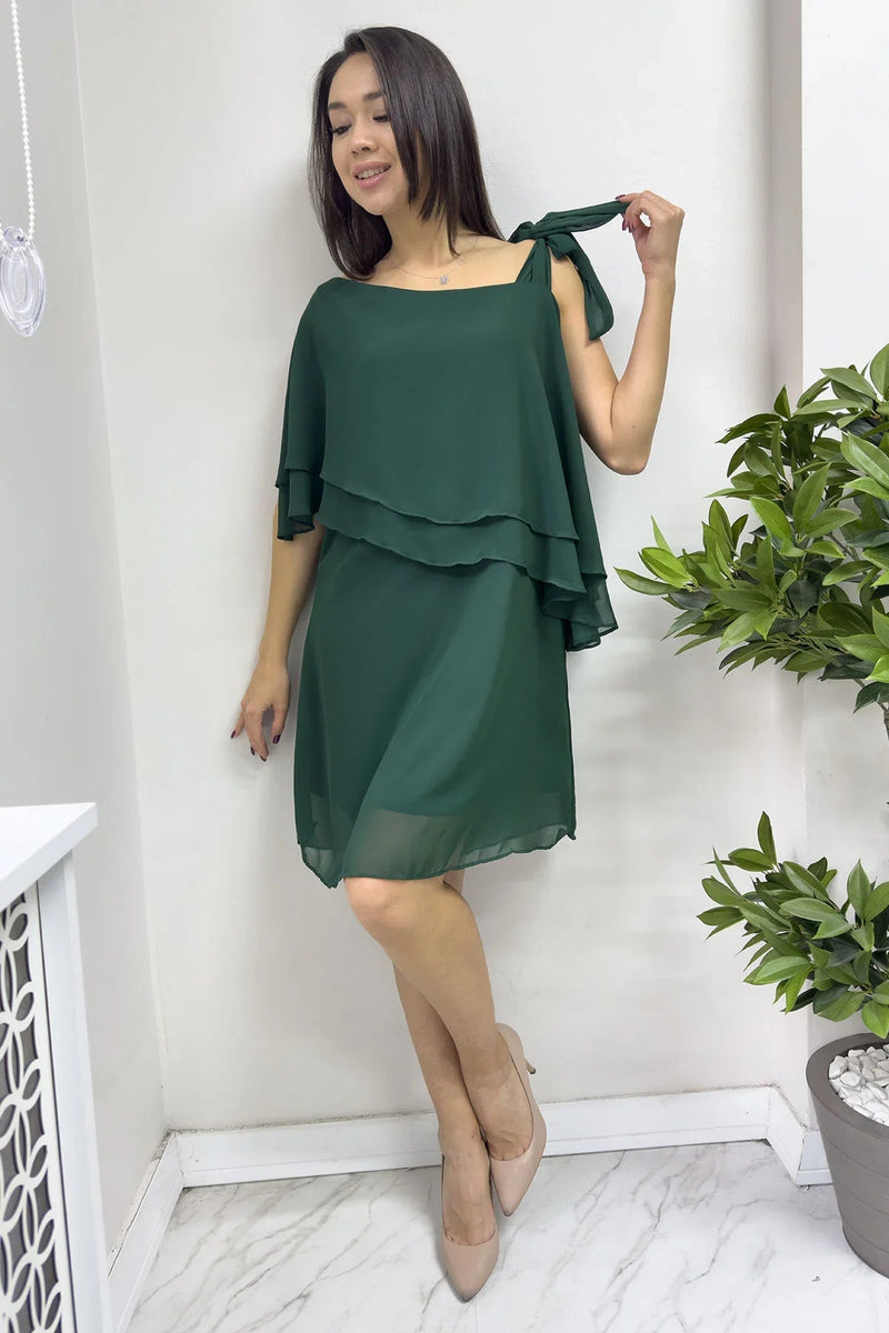 Women's Emerald Green Tek Omuz Tie Chiffon Plus Size Dress
