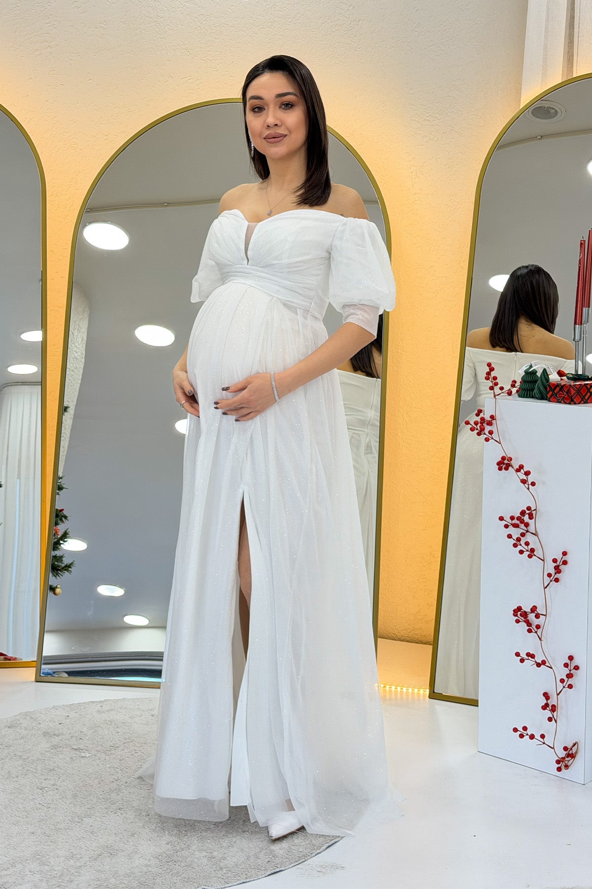 White Short-Sleeve Maxi Chiffon Evening Dress