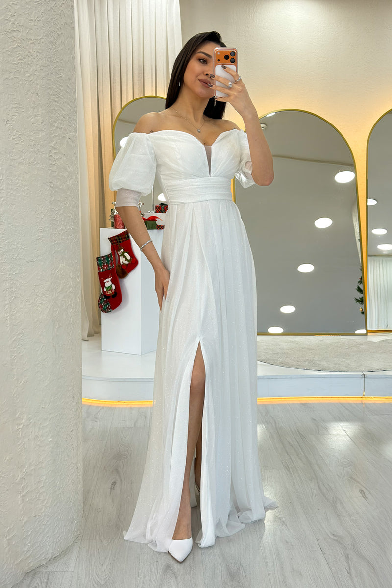 White Short-Sleeve Maxi Chiffon Evening Dress