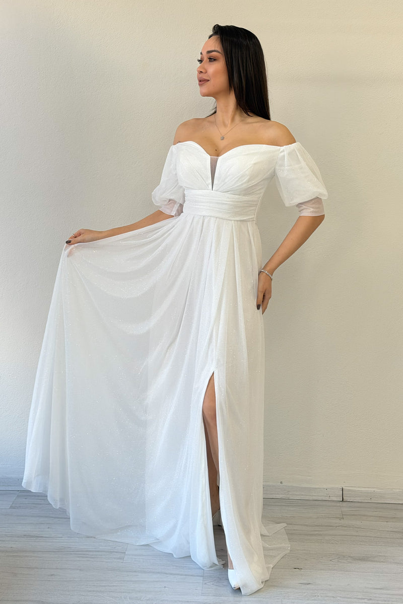 White Short-Sleeve Maxi Chiffon Evening Dress