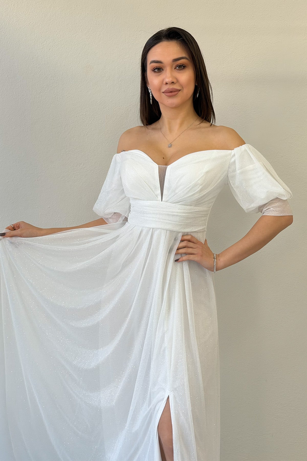 White Short-Sleeve Maxi Chiffon Evening Dress