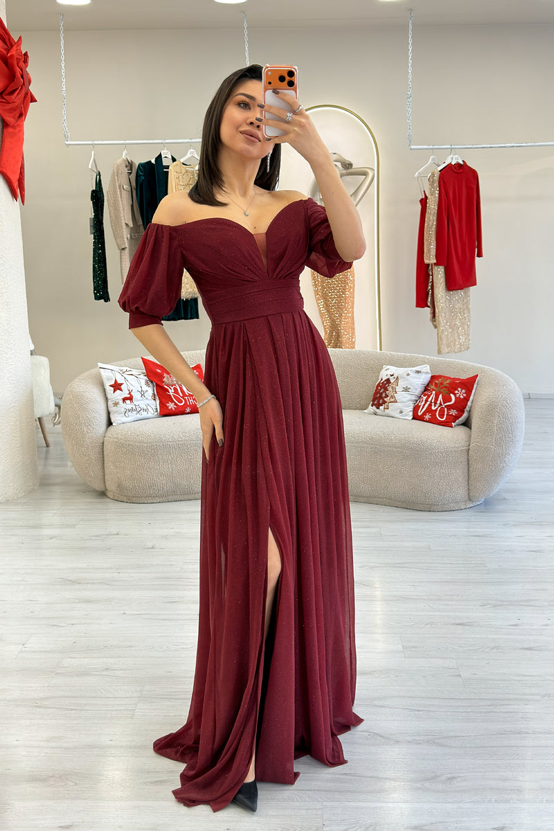 Burgundy Short-Sleeve Maxi Chiffon Evening Dress