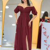 Burgundy Short-Sleeve Maxi Chiffon Evening Dress
