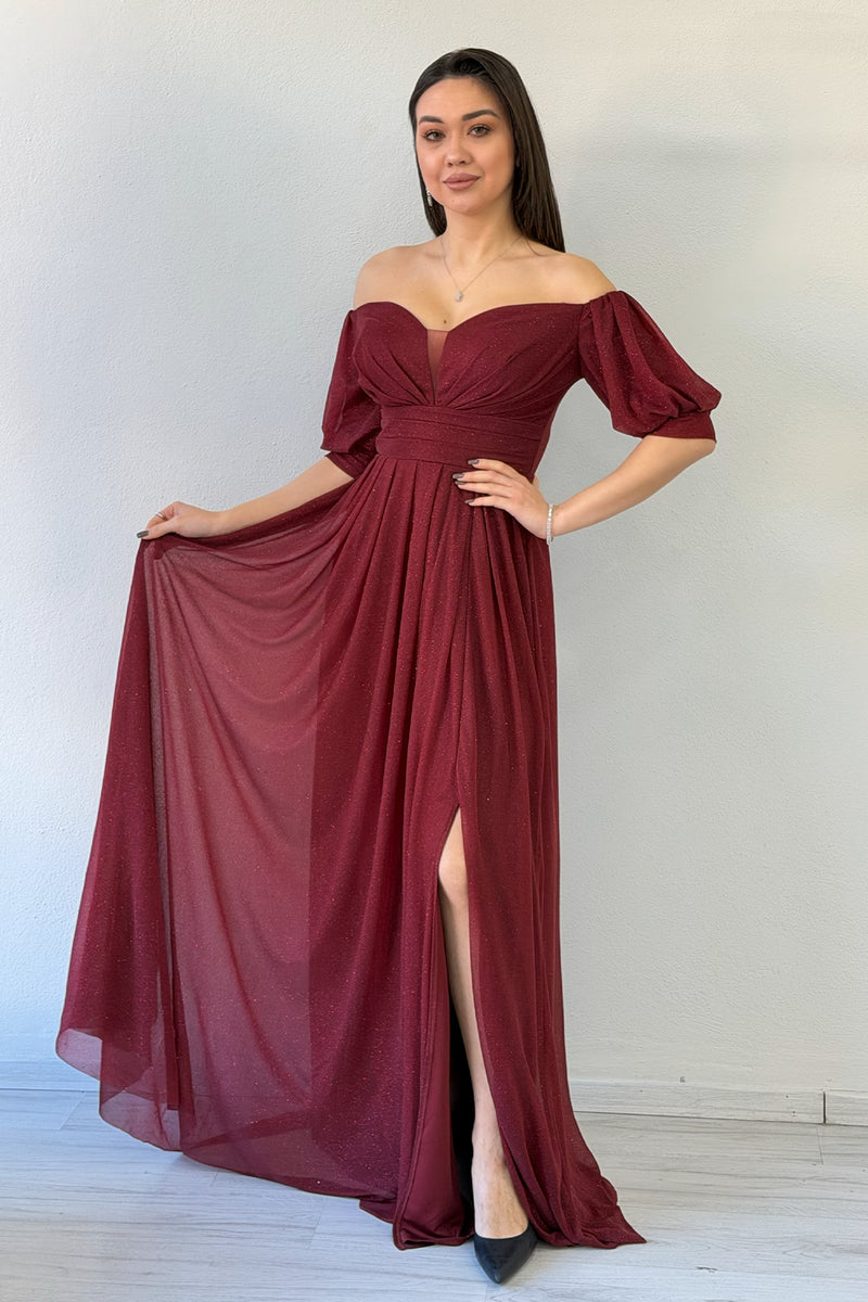 Burgundy Short-Sleeve Maxi Chiffon Evening Dress