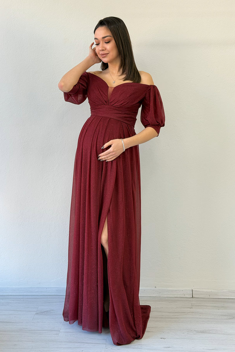 Burgundy Short-Sleeve Maxi Chiffon Evening Dress
