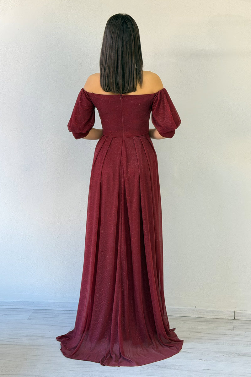 Burgundy Short-Sleeve Maxi Chiffon Evening Dress