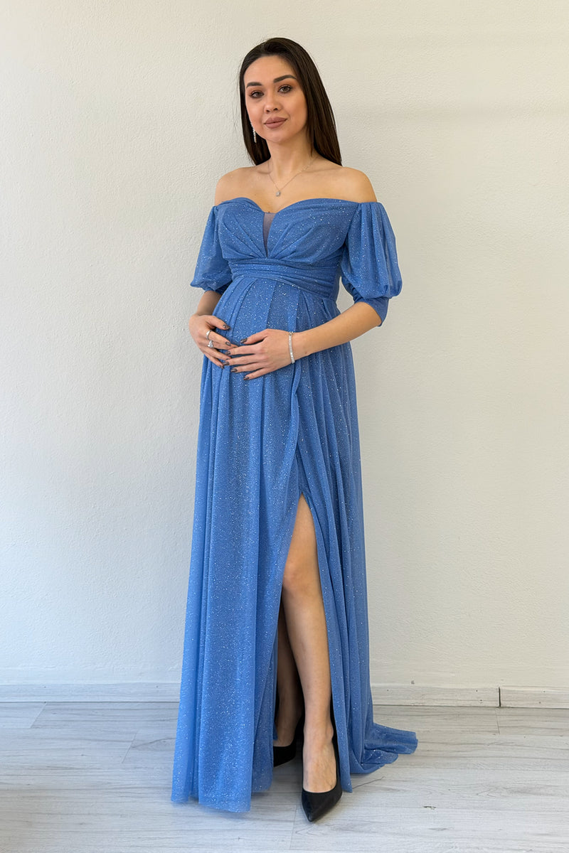 Indigo Short-Sleeve Maxi Chiffon Evening Dress