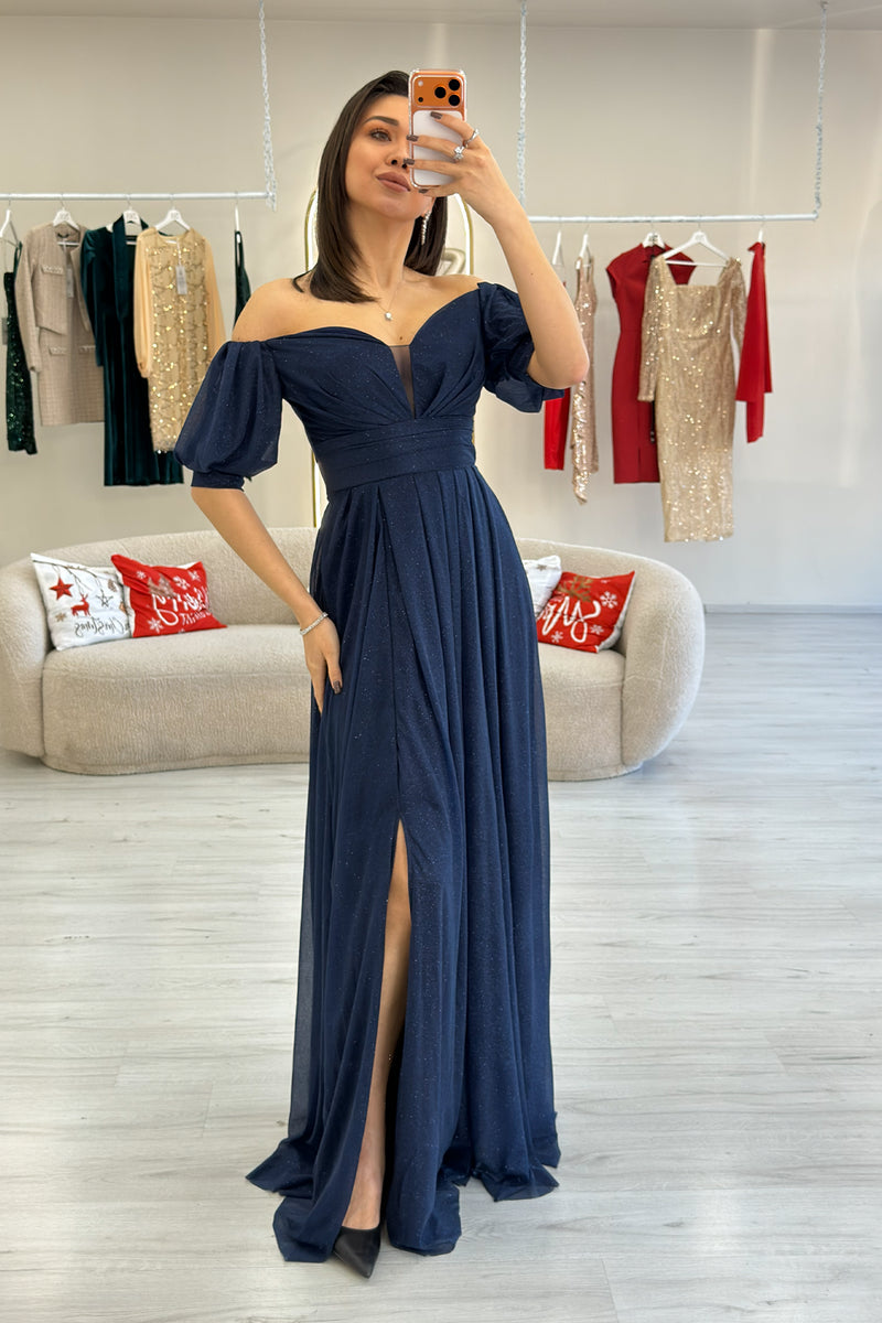 Navy Blue Short-Sleeve Maxi Chiffon Evening Dress