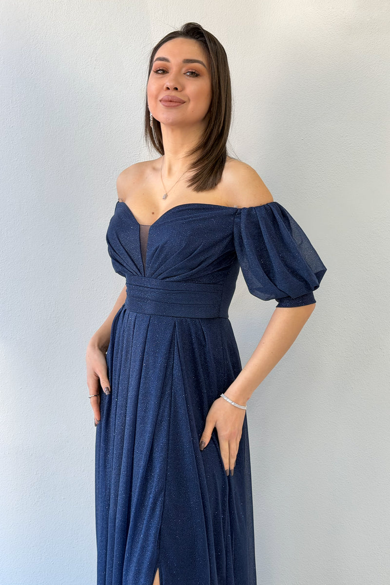 Navy Blue Short-Sleeve Maxi Chiffon Evening Dress