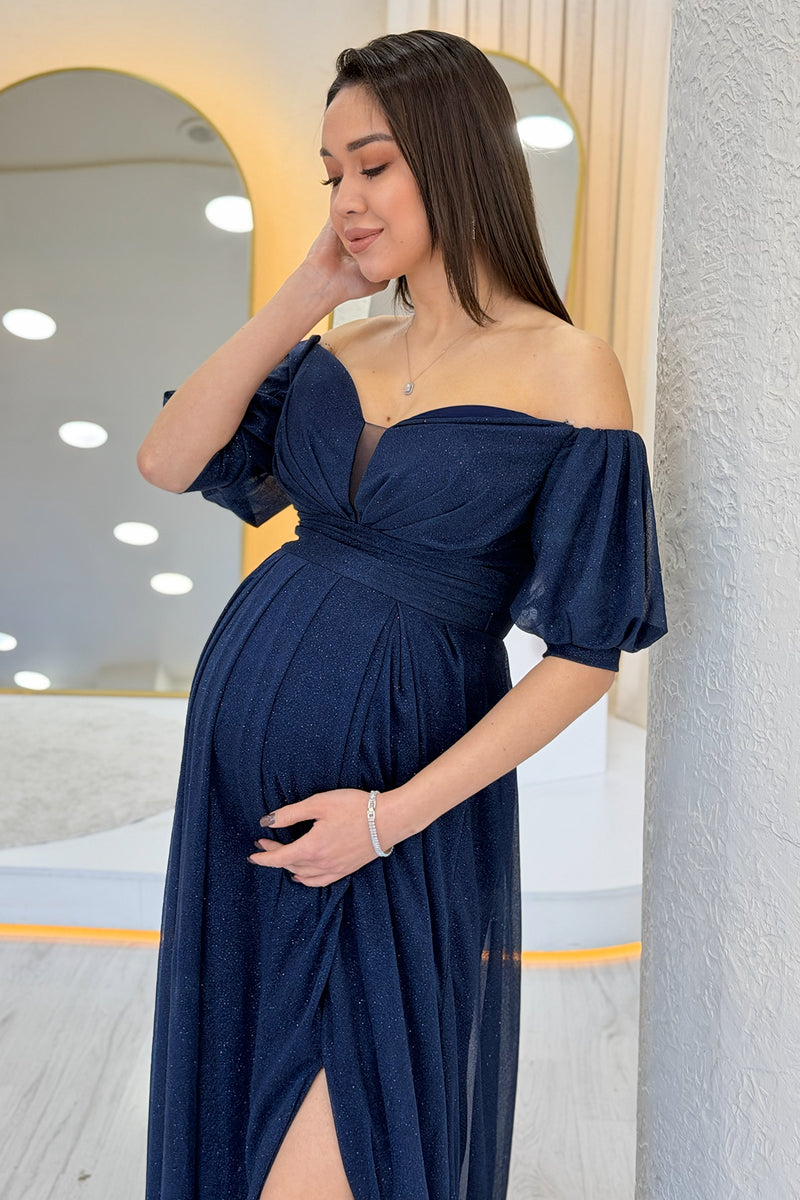 Navy Blue Short-Sleeve Maxi Chiffon Evening Dress